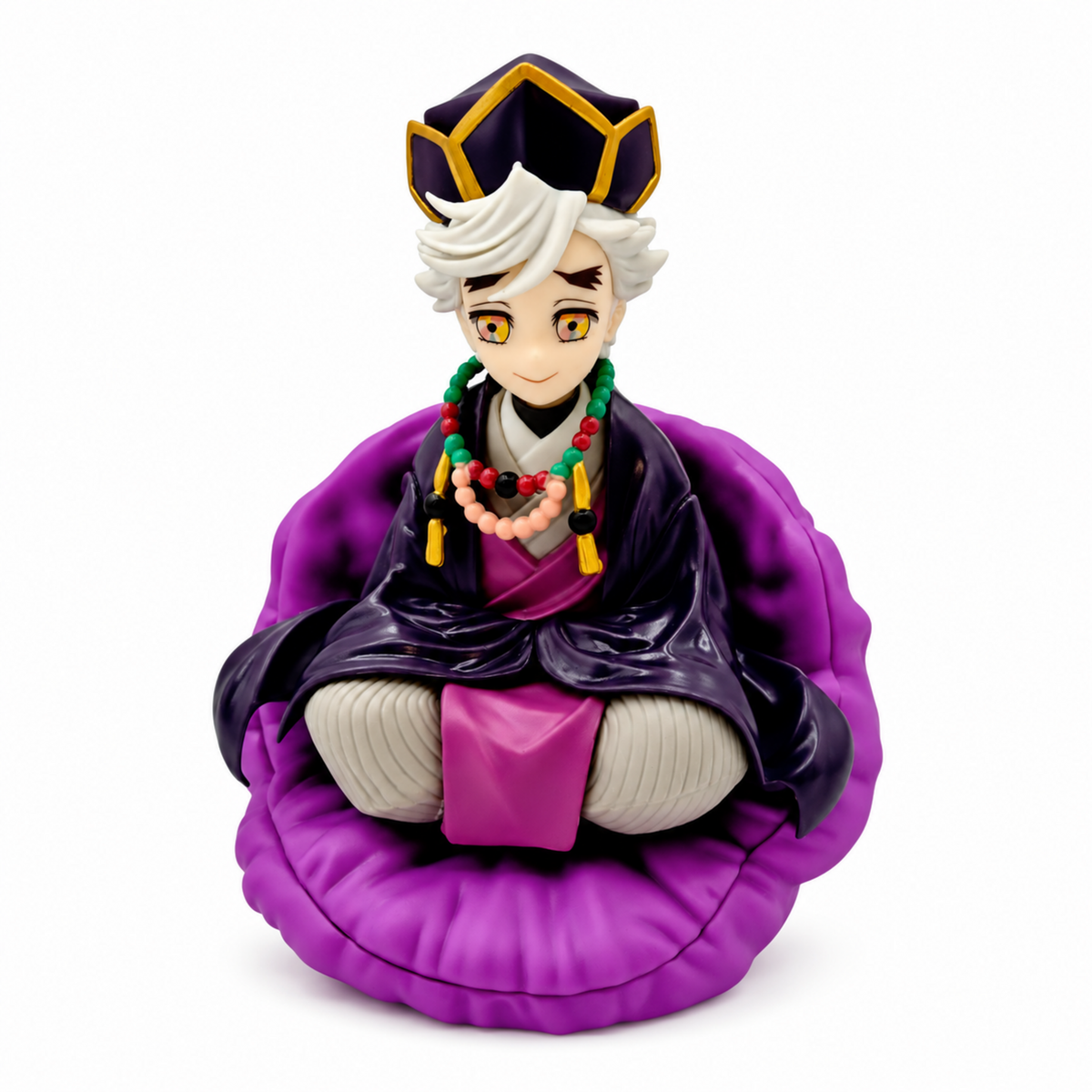Chibi аниме фигура Doma от Demon Slayer върху лилава възглавница – преден изглед