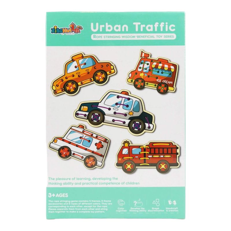 Комплект дървени коли за нанизване – Urban Traffic (5 броя) 🚗🚒🚑