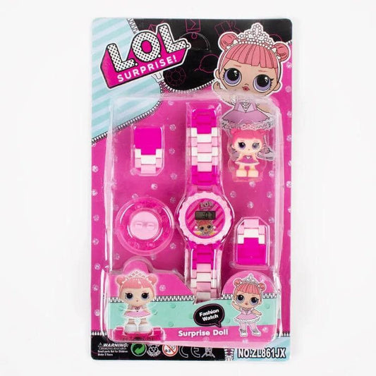 Детски LCD часовник с кукла в стил L.O.L. Surprise – розов комплект