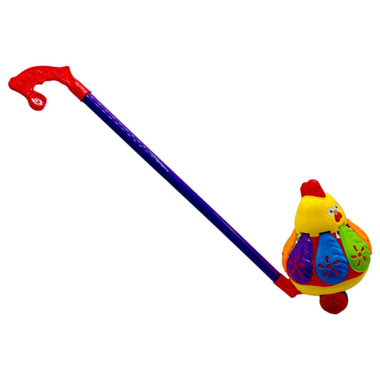 Играчка за бутане – цветна кокошка с дръжка