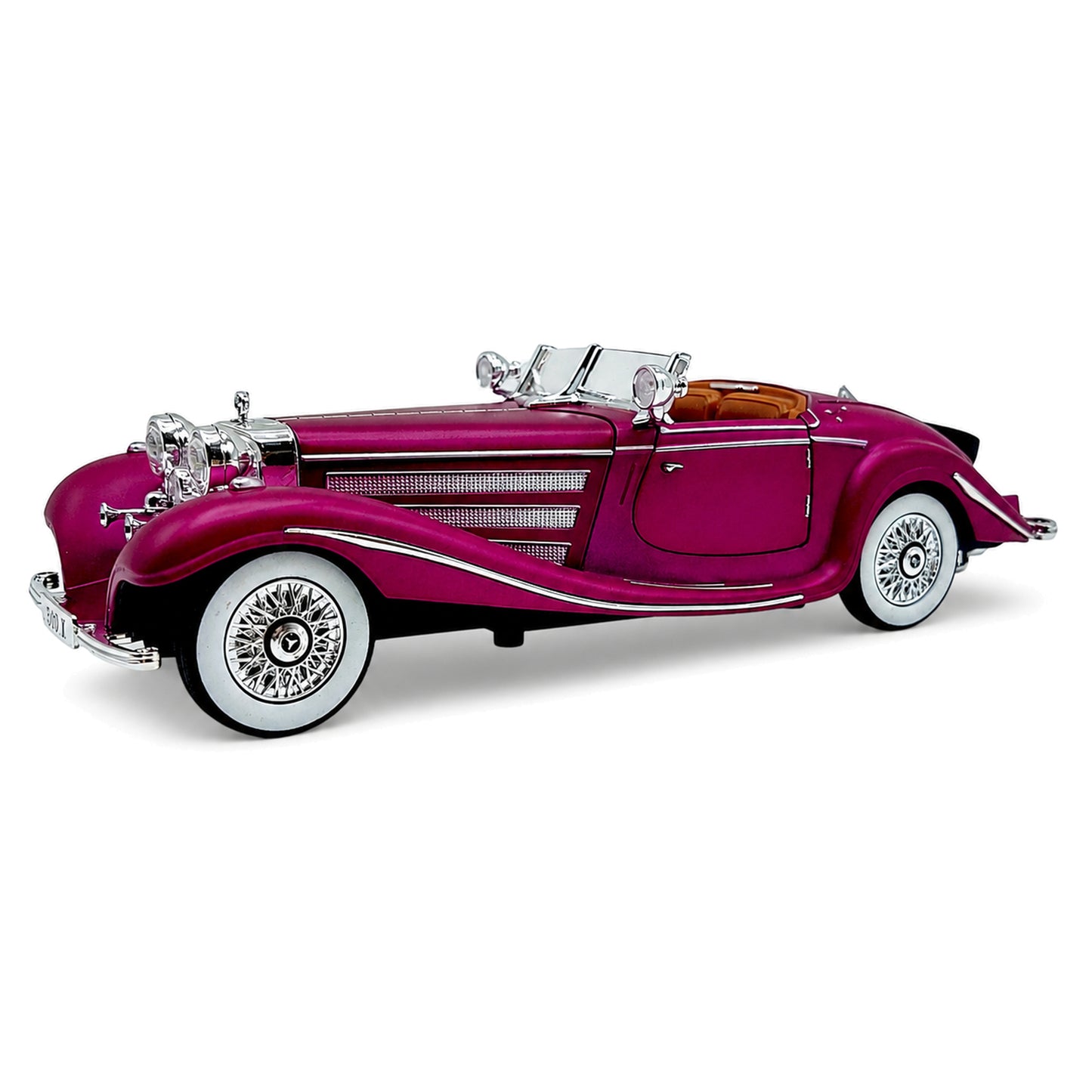 Метален модел Mercedes-Benz 500 K Roadster в бордо с бели гуми и хромирани детайли – страничен изглед