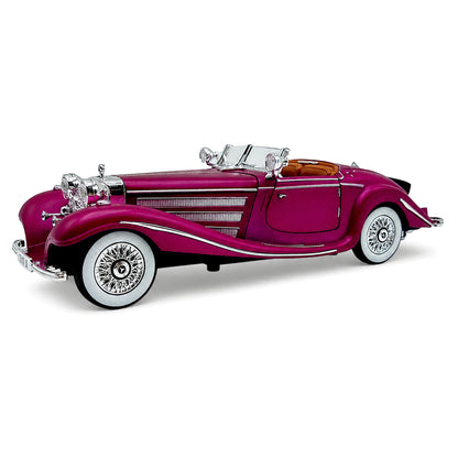 Метален модел Mercedes-Benz 500 K Roadster в бордо с бели гуми и хромирани детайли – страничен изглед