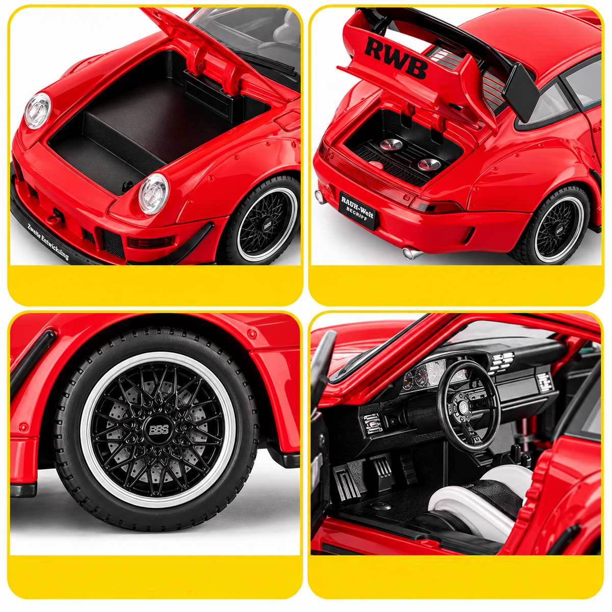 Porsche 911 993 RWB метален модел с отворени врати, преден багажник и заден капак

