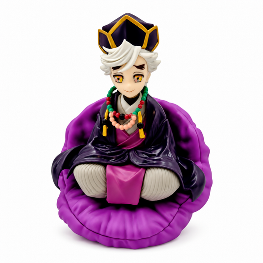 Chibi аниме фигура Doma от Demon Slayer върху лилава възглавница – преден изглед