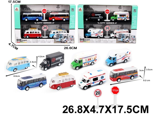 Комплект метални автобуси City Series – 4 броя с пътни знаци