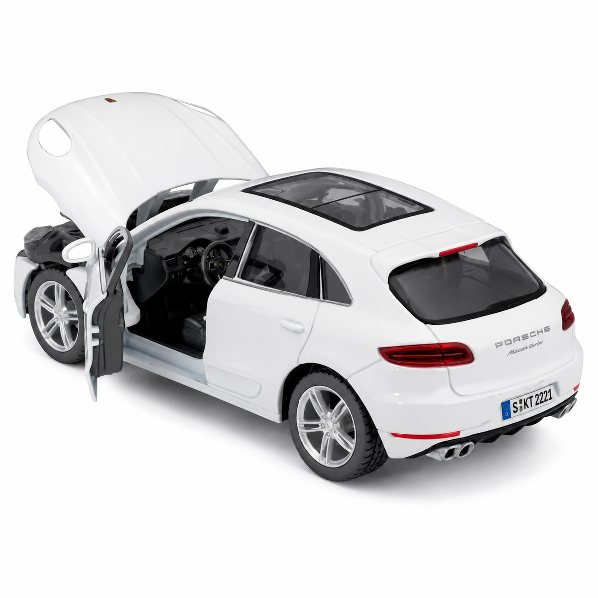 Метален модел Porsche Macan в бял цвят – заден изглед с отворени врати и преден капак
