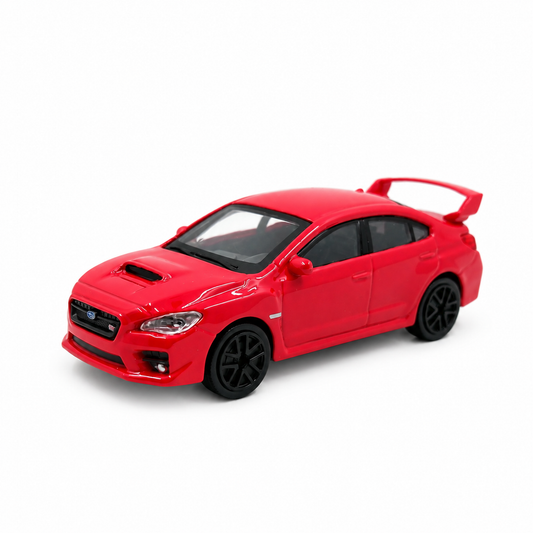 Червен метален модел Subaru WRX STI (VA) в мащаб 1:43 – преден изглед отстрани
